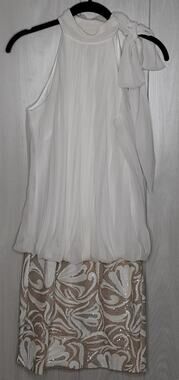Cache Cocktail Party Mini Dress Size Medium White Tan Silver Side Neck Tie